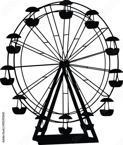 Black silhouette vector illustration of Ferris wheel, amusement ride, circular frame, passenger cabins, fairground attraction, creative design elements, modern artwork