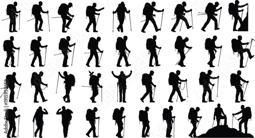 Black silhouette vector illustration of hikers with backpacks, walking, climbing, standing, outdoor adventure activities, trekking poses, modern design elements