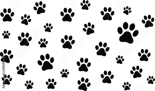Black paw print pattern vector illustration, scattered animal footprints, playful pet motif, decorative design element, creative minimal artwork