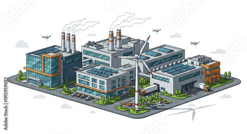 Modern industrial complex with renewable energy sources and clean technology.
