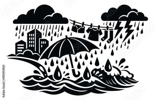 Line art illustration of a stormy weather scene depicting heavy rain, lightning, and an umbrella amidst rising floodwaters for weather-related design