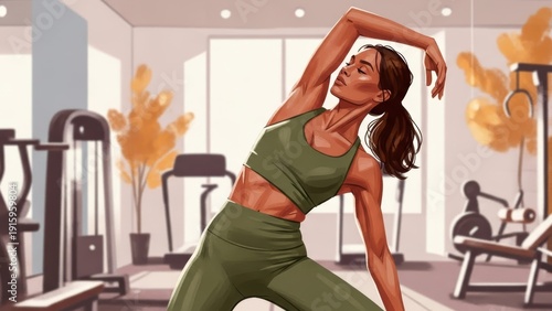 Energized woman in activewear practicing a dynamic side stretch in a spacious gym, embodying health, flexibility, and a commitment to a balanced and active lifestyle