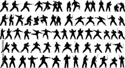 Black silhouette vector illustration of martial arts poses, stances, strikes, blocks, sparring, weapon techniques, combat movements, modern design elements