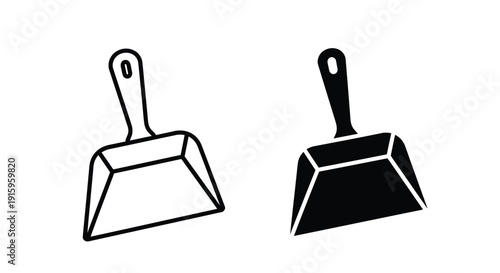 Two black and white dustpan icons in line art style