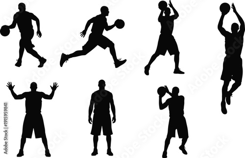 Basketball Player Silhouettes Set Dribbling Running Shooting and Jumping Black and White Vector Illustration Isolated on White Background