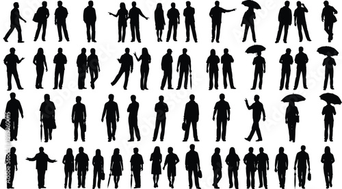 Black silhouette vector illustration of people standing, walking, holding umbrellas, carrying bags, conversing, diverse human figures, modern design elements