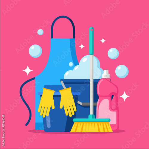 Cleaning supplies including apron gloves mop bucket and spray bottle.