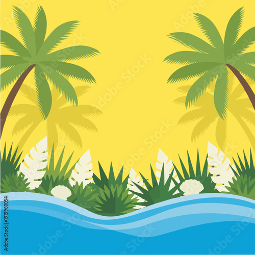 Tropical beach scene with palm trees and ocean waves.
