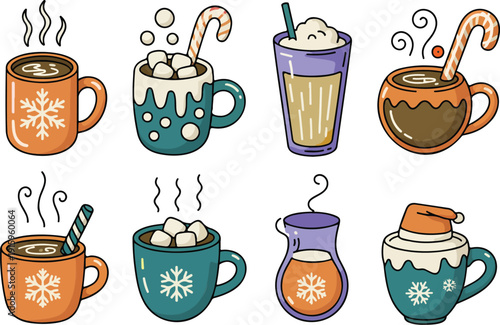 A festive assortment of hot drinks with winter embellishments, perfect for cozy moments