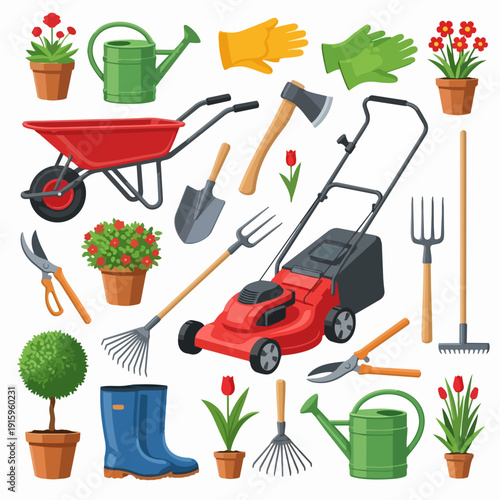 Gardening Tools and Equipment Collection Illustration.