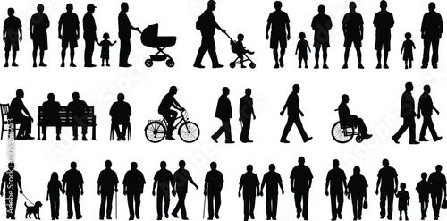 Black silhouette vector illustration of people walking, sitting, cycling, strollers, wheelchairs, dogs, family interactions, diverse everyday activities, modern design elements