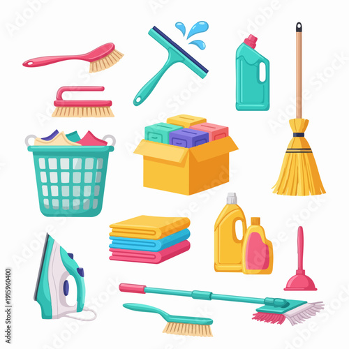 Collection of household cleaning supplies and tools.