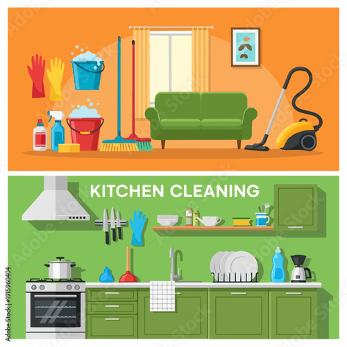 Home Cleaning Supplies and Kitchen Equipment Illustration.