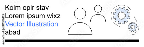 Teamwork, collaboration, workflow, management, organization, process. Simple outline of two people icons and gears connections and processes. Teamwork and collaboration concept