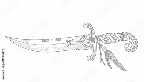 Tribal Dagger with Skull and Feathers - Hand-Drawn Illustration