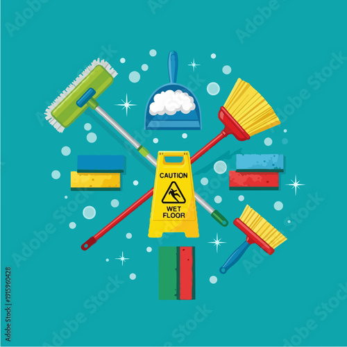 Cleaning supplies arranged in a circle with a wet floor sign.