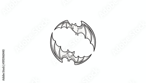 Two Cute Bats Forming a Circle, Halloween, Yin Yang Symbol, Black and White Illustration