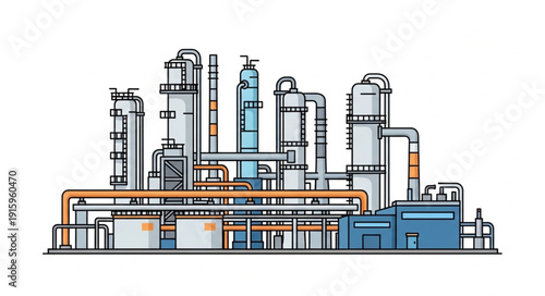Modern industrial chemical plant with complex piping systems.
