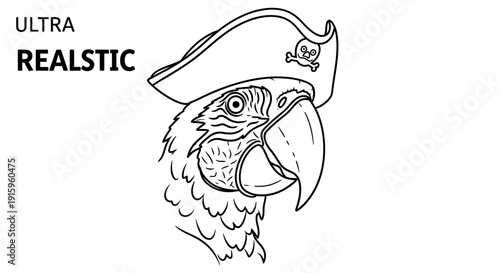 Ultra Realistic Pirate Parrot Illustration - Fierce Macaw with Pirate Hat and Skull