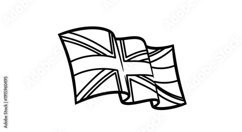 Union Jack Flag Waving in Wind, British Symbol, United Kingdom National Emblem, Black and White Line Art