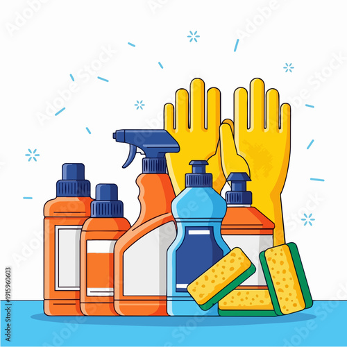 Cleaning supplies and equipment for household chores.