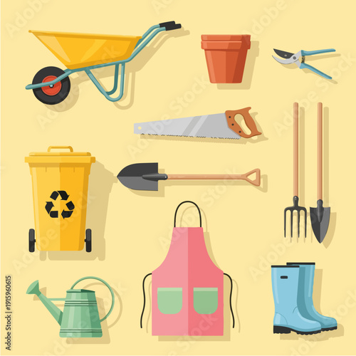 Gardening Tools and Equipment Collection Illustration.