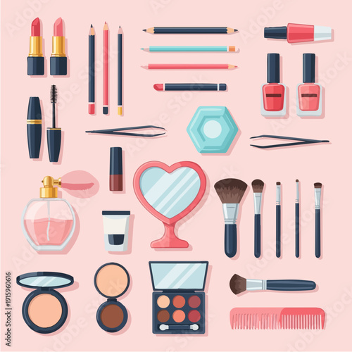Collection of various makeup and beauty products arranged on a pink background.