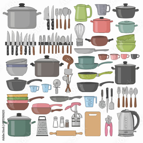 Collection of Kitchen Utensils and Cookware.