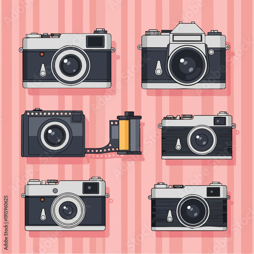 Collection of vintage film cameras and film roll.