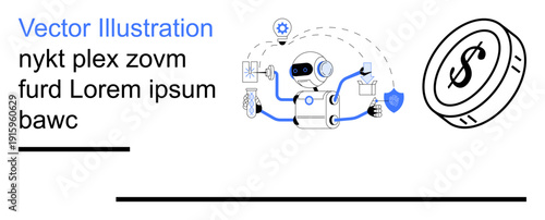 Automation, fintech, robotics, digital economy, AI-driven tools, innovation. A robot conducting operations with a coin nearby. Automation and fintech concept in modern technology