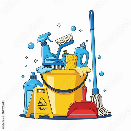 Cleaning supplies in a yellow bucket with a mop and wet floor sign.