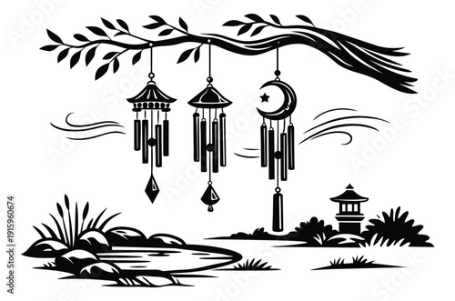 Stylized illustration of wind chimes depicting a peaceful oriental garden scene for home decoration