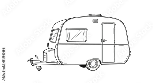 Vintage Camper Trailer Drawing, Retro Caravan, Travel, Camping, Outdoor Adventure