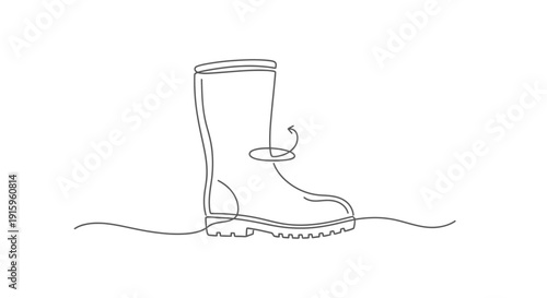 Single Line Drawing of a Rubber Boot Standing on a Wavy Line