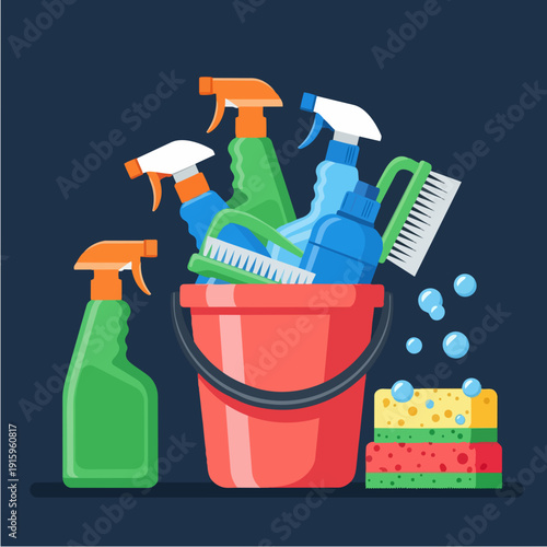 Cleaning supplies in a bucket with sponges and bubbles.