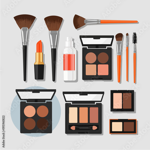 Collection of makeup products and brushes for beauty application.