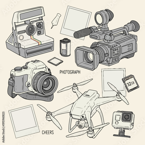 Collection of vintage and modern photography equipment and gadgets.