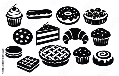 Simple graphic dessert icons set featuring a variety of baked goods and pastries for confectionery designs