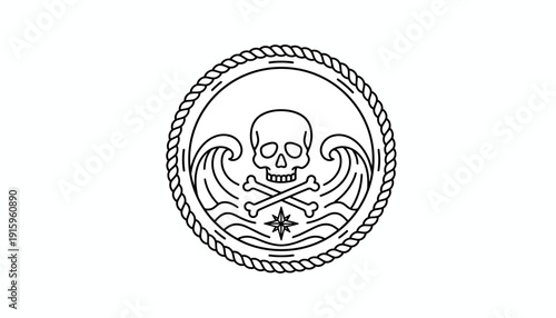 Skull and Crossbones Pirate Emblem with Waves and Compass Rose
