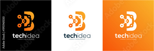 Modern Letter B Technology Logo Template. Vector icon Digital Network Connection Nodes concept. Orange Gradient.