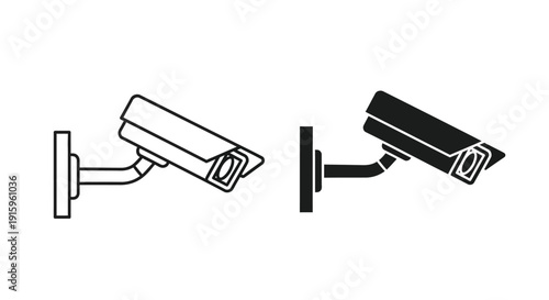 Two security cameras in black and white with one outlined and the other filled in