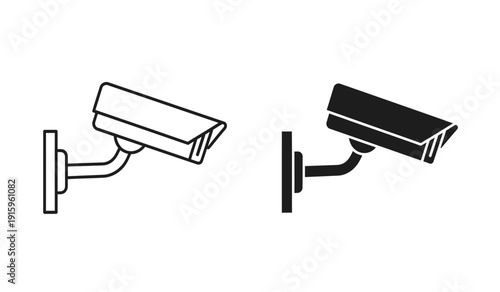 Two security cameras in black and white line art style
