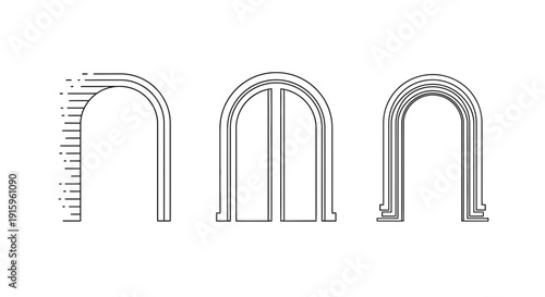 Set of three arched doorways, architectural elements, line art, graphic design
