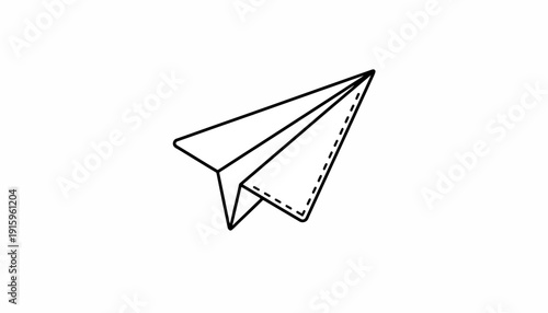 Simple Black and White Paper Airplane Icon Flying on White Background
