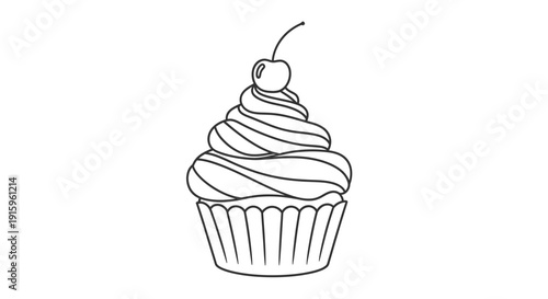Simple black and white line drawing of a cupcake with cherry on top
