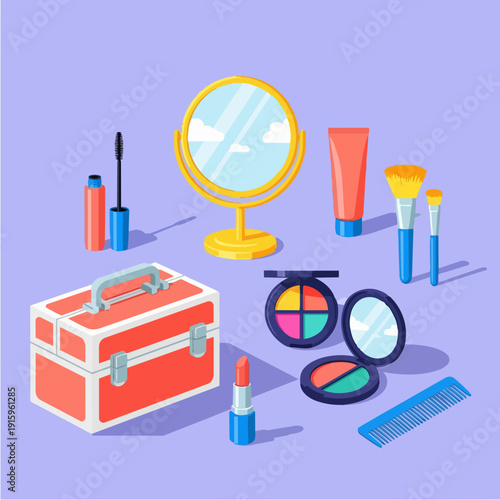 Collection of makeup and beauty products for personal grooming.