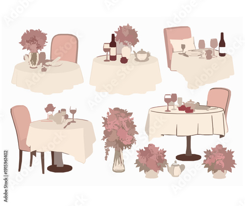 A set of elegant dining tables with flowers and wine glasses