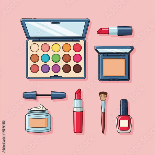 Collection of colorful makeup products arranged neatly.