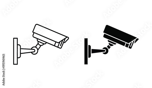 Two security cameras in different designs and colors mounted on wall plates with adjustable arms for surveillance purposes