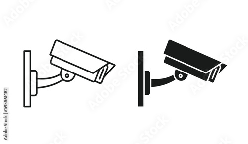 Two security cameras in black and white line art style
